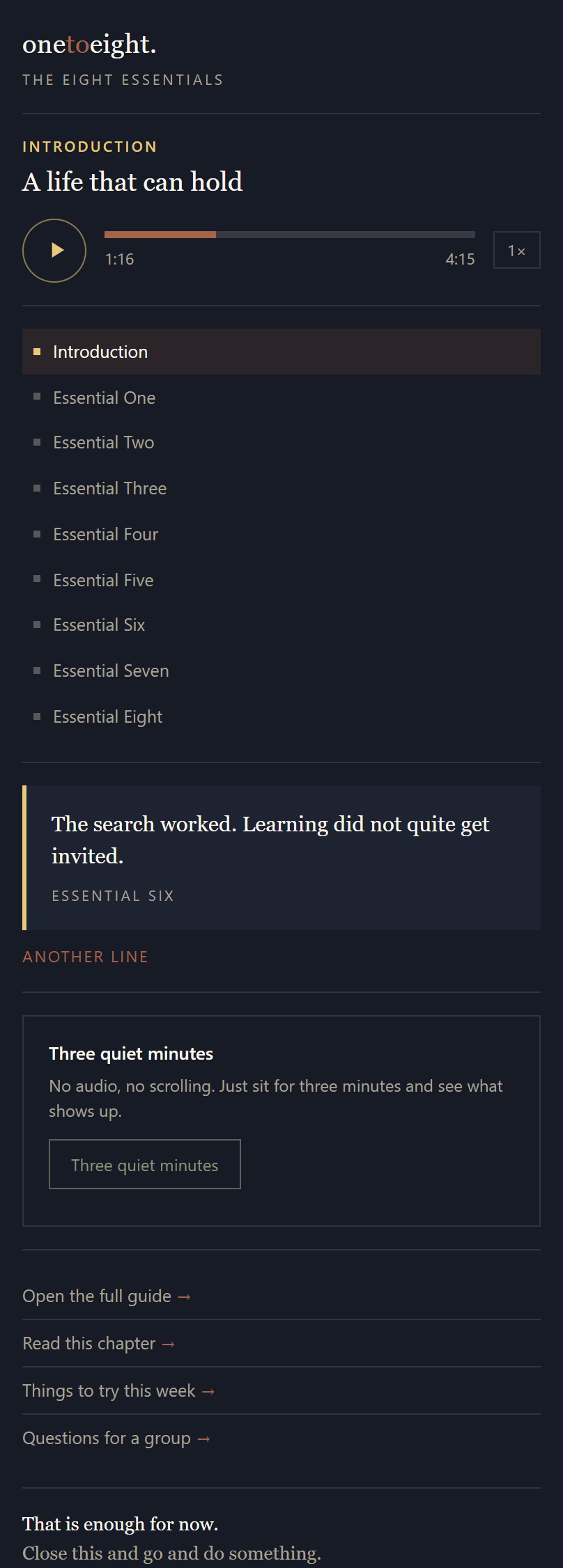 The One-To-Eight Chrome side panel with the narrations loaded.