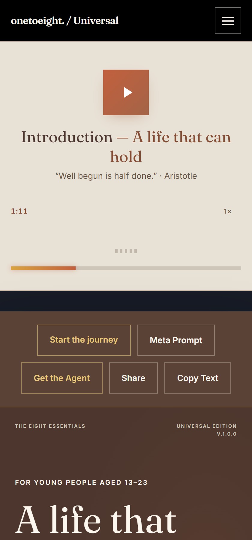 The One-To-Eight guide homepage on a phone.
